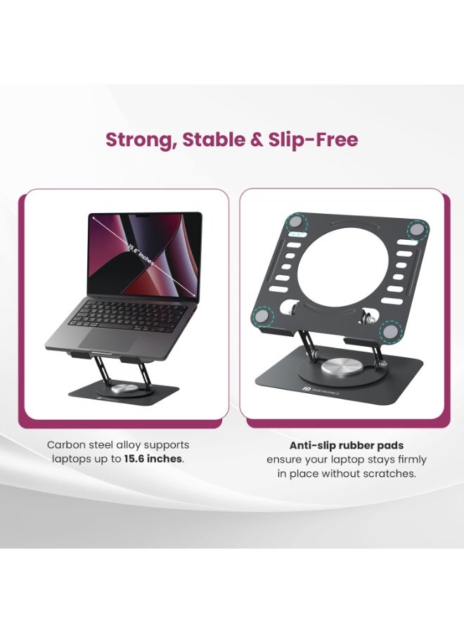 بورترونيكس Portronics My Buddy K9 Lite, Height Adjustable Laptop Stand with 360° Rotating Base, Carbon Steel Build, Anti-Slip Pads, Cooling Vent, Supports 15.6” Laptops, for Work from Home & Office Use (Black) - Image 2